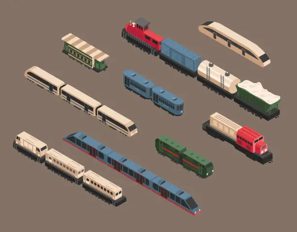 Vector illustration of Train Isometric Vector Set