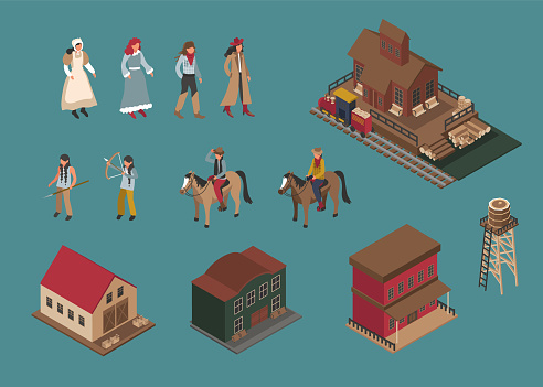 Western town isometric vector illustration. Indians, cowboys, horses, buildings.