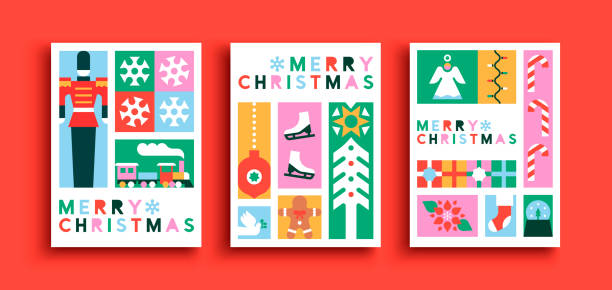 ilustrações de stock, clip art, desenhos animados e ícones de christmas card set geometric folk decoration icons - xmas toys snowflake