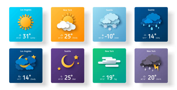 Weather forecast widget icon set Weather forecast widget icon set paper cut style. Vector illustration. 3d mobile app ui design, daily application template, climate cartoon sign. Thunderstorm, rain, sunny day, fog, winter snow, night estimate stock illustrations
