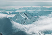 Wild and untouched snowy mountain landscape in breathtaking winter atmosphere photographed in Mölltal Glacier ski resort. Mölltaler glacier, Flattach, Kärnten, Austria, Europe.