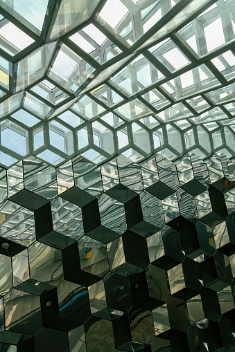 Harpa music concert hall geometric haped glass wall in Reykjavik