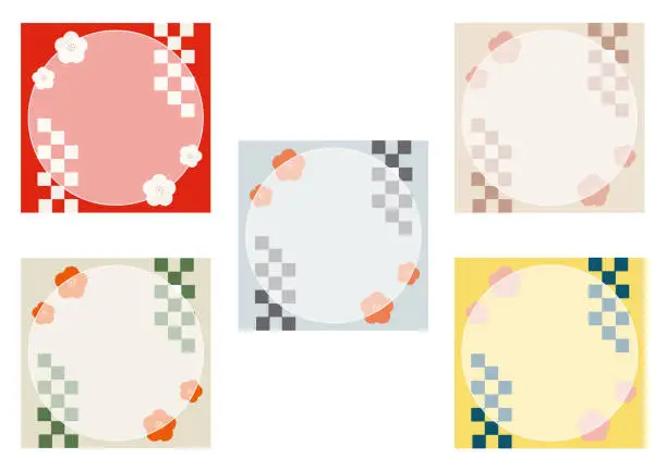 Vector illustration of Stylish Japanese Pattern Background Ume Flower and Checkered Pattern for Instagram Material Set