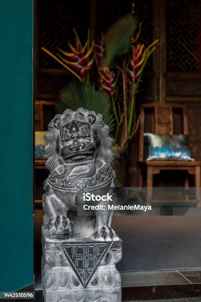 Chinese Guardian Lion Statue Sculpture Foo Dog At House Entrance Stock Photo - Download Image Now