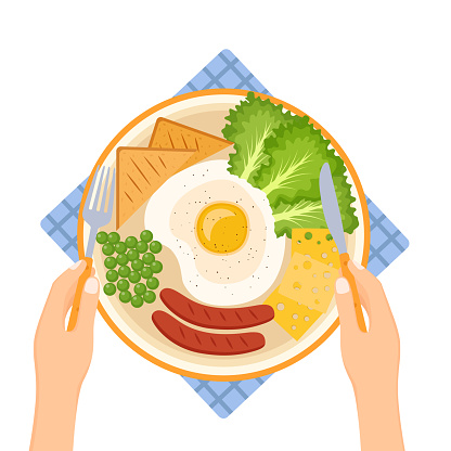 Hands holding fork and knife. Plate with fried egg, peas, sausages, greens, cheese and bread, vector illustration