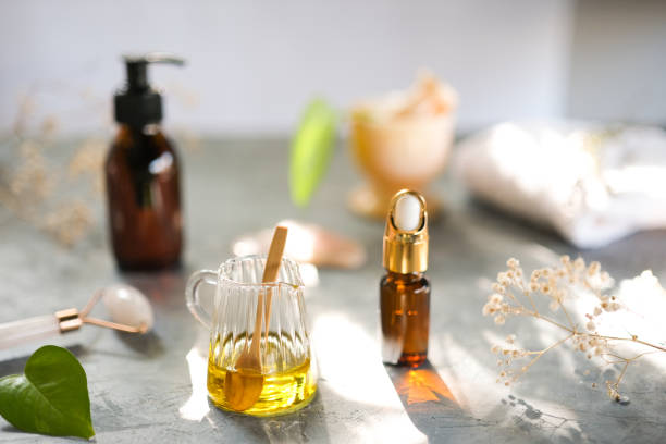 Homemade hair care oil and beauty products stock photo