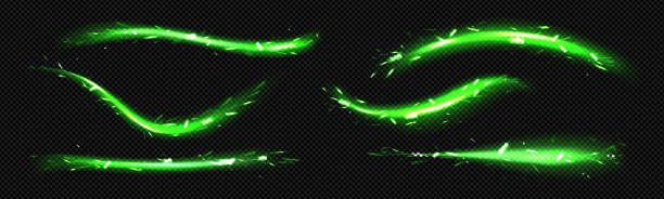 Abstract neon light lines with sparkles Abstract neon light lines with sparkles isolated on transparent background. Vector realistic set of magic green glow streaks, horizontal energy flare with sparks wave png stock illustrations
