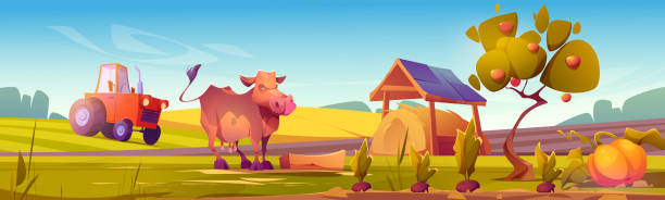 illustrazioni stock, clip art, cartoni animati e icone di tendenza di scena di campagna con mucca, campo agricolo e trattore - poland rural scene scenics pasture