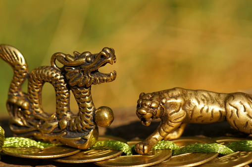 Tiger and dragon figurine with Chinese coins. A religious symbol. Feng shui figurines.