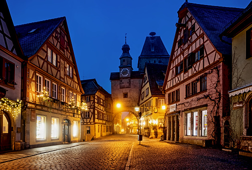 Night view of Christmas decorated Rothenburg ob der Tauber, Bavaria, Germany