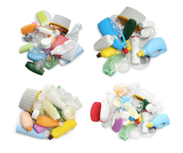 istock Set with piles of plastic garbage on white background, top view 1442521605