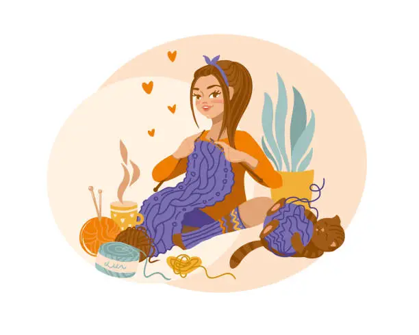 Vector illustration of Cute girl knitting a scarf while sitting at home.