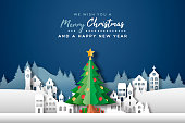 istock Christmas new year papercut city pine tree card 1442523534