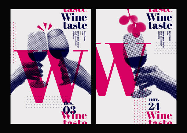 hands holding glass of wine and toasting, retro style, halftone effect. template for event poster, magazine, cover or promotion. vector - wine 幅插畫檔、美工圖案、卡通及圖標
