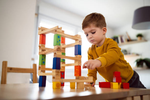 istock Boy playing with wooden blocks at home 1442527502