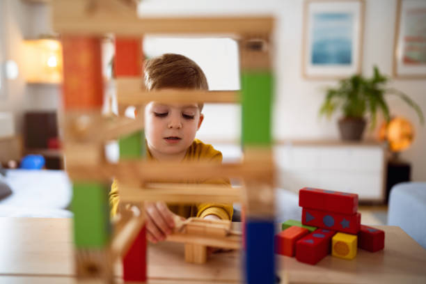 istock Boy playing with wooden blocks at home 1442527609