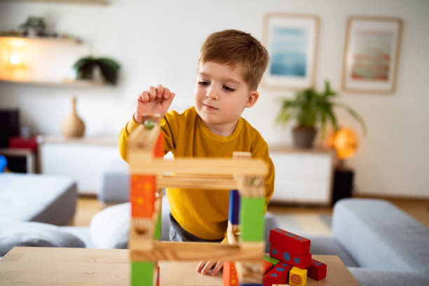 istock Boy playing with wooden blocks at home 1442527716