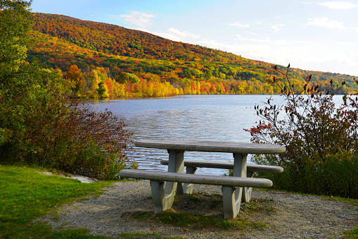 Peaceful lakeside picnic table with a view of the New England Fall color