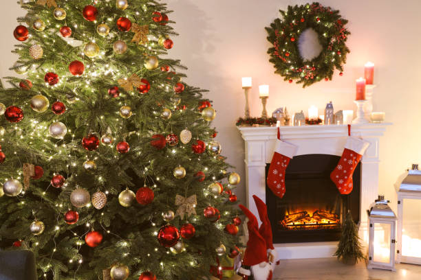 istock Cozy room interior with beautiful Christmas tree and fireplace 1442528245