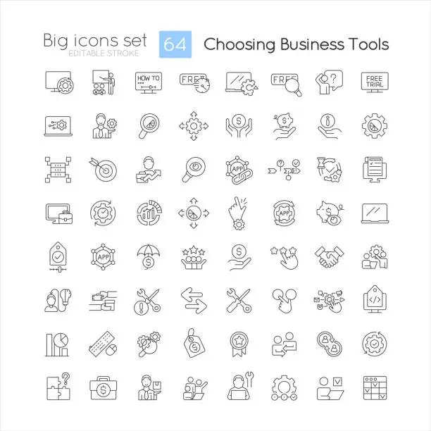 Vector illustration of Choosing business tools linear icons set