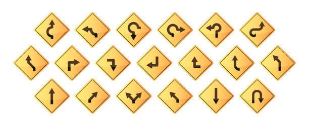 istock Arrow road sign. Navigation street highway speed warning roundabout reverse symbols, curves turns direction pointers. Vector isolated collection 1442530313