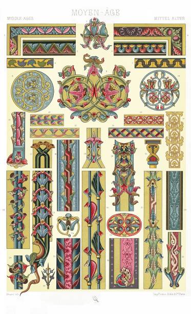 Middle Ages - Paintings from Manuscripts, 8th to the 12 Centuries – Rinceaux, Uprights, Angles, Borders, etc. (33 patterns), by Color Ornament 1886. This work is a visual record of the decorative arts from antiquity to the 18th century. They come from a wide variety of backgrounds, such as carpentry, architecture, textiles, painting, ceramics and from cultures around the world.
Based on design masterpieces from the past, this compilation celebrates the masters of the past and inspires an enhancement of the decorative arts for the 19th century and for generations to come. byzantine pattern stock illustrations