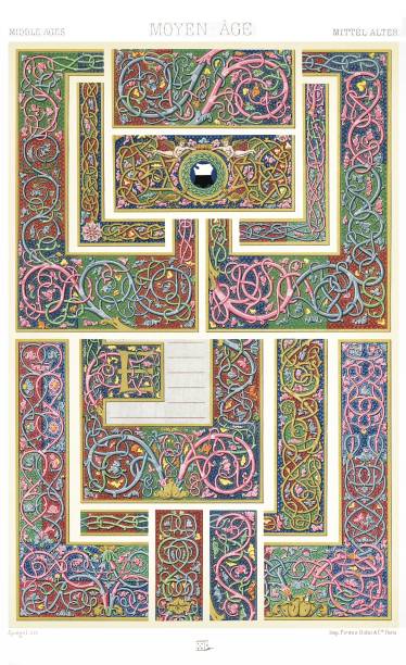 mittelalter - emaille auf glas, nach den illuminationen - der italienischen manuskripte (13 muster), von color ornament 1886. - medieval illuminated letter stock-grafiken, -clipart, -cartoons und -symbole