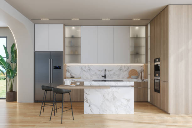 istock Beautiful Kitchen In Luxury Home With Marble Island 1442542759