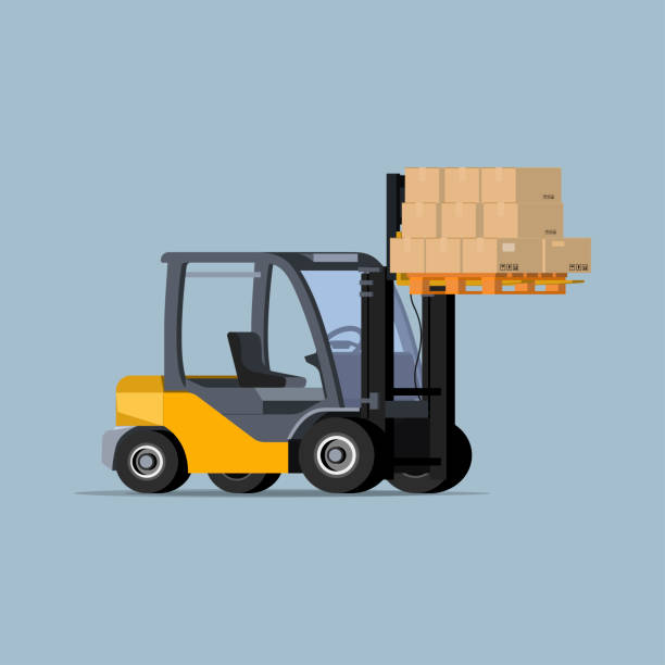 векторный вилочный погрузчик с плоским стилем на ярком фоне - delivery van distribution warehouse vector shipping stock illustrations