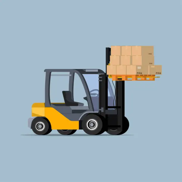 Vector illustration of Vector icon forklift with flatstyle boxes on a bright background