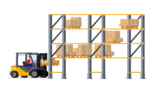Warehouse shelf and forklift truck, workers stack boxes on wooden pallet