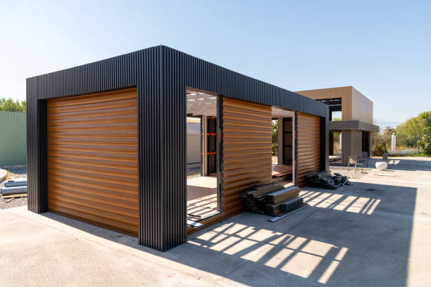 istock Newly built metal framed building with siding. Construction of a new tiny house. selective focus 1442548724