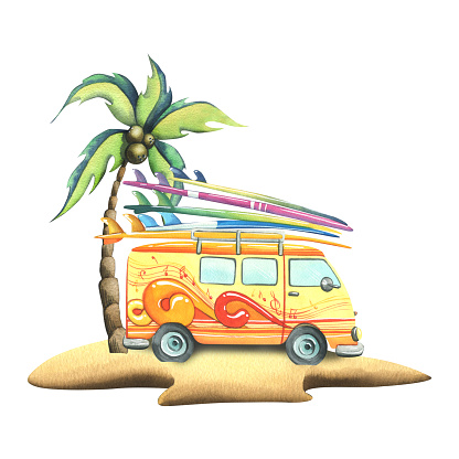 A yellow van with surfboards on the roof walking on a sandy island with a coconut palm on the white background. Watercolor illustration from the SURFING collection. In cartoon style.