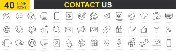 Vector illustration of Set of 40 Contact Us web icons. Web and mobile icon. Chat, support, message, phone, web. Outline icons collection. Vector illustration