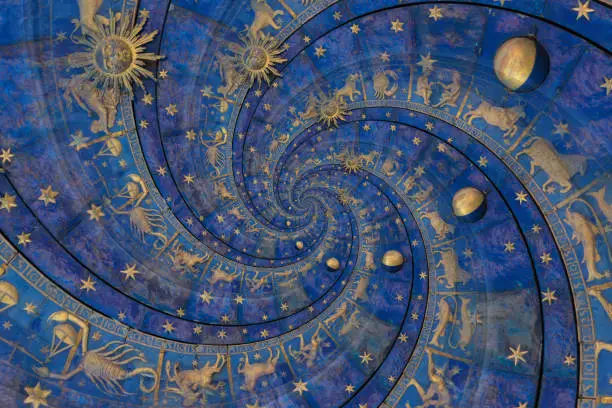 Photo of Astrological background with zodiac signs and symbol.