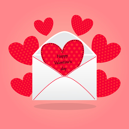 Valentine envelope with hearts in polka dots. Realistic mail. Vector illustration