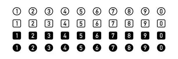 Vector illustration of Numbers icon. Number in square and circle. Outline symbol. Black color. Vector sign.