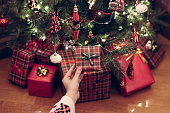 Woman putting gift box under christmas tree. Presents for family.
