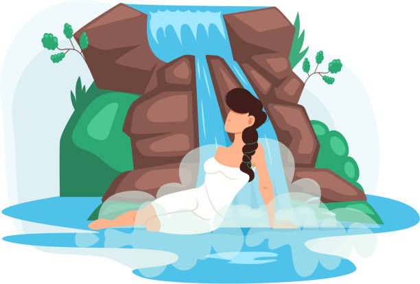 ilustraciones, imágenes clip art, dibujos animados e iconos de stock de la niña se sienta en el lago junto a la roca y la cascada. concepto de naturaleza limpia agua que cae de la montaña - waterfall falling water water backgrounds