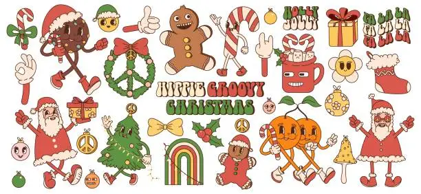 Vector illustration of Big sticker pack of retro cartoon characters and elements. Merry Christmas and Happy New year in trendy groovy hippie style.
