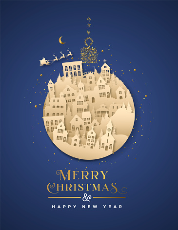 Merry Christmas Happy New Year greeting card illustration of winter city 3D papercut in ball ornament shape. Luxury carved paper craft with gold glitter, festive village houses and santa claus sled.