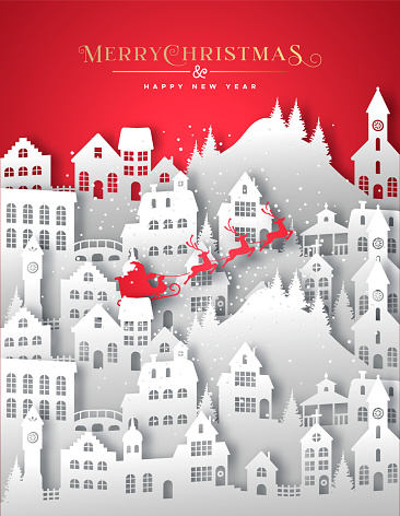 Merry Christmas Happy New Year greeting card illustration of white winter xmas village in layered 3d papercut style. Paper craft city landscape with santa claus sled and snow.
