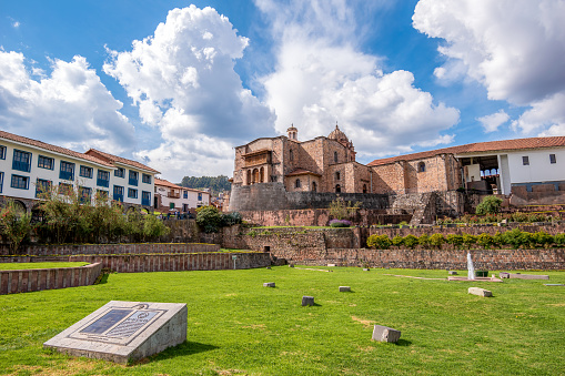 Coricancha, Cusco, Peru - April 27, 2022; Coricancha, also known as The Golden Temple, was the most important temple in the Inca Empire. It is located in Cusco, Peru, which was the capital of the empire. Most of the temple was destroyed after the 16th-century war with the Spanish conquistadors, as settlers also took it apart to build their own churches and residences.  Much of its stonework was used as the foundation for the seventeenth-century Santo Domingo Convent. It was built after the 1650 earthquake destroyed the first Dominican convent.