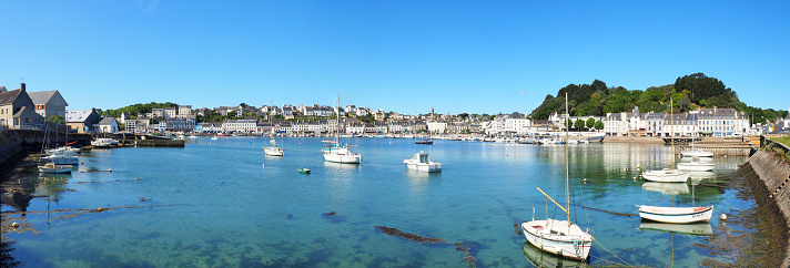panoramic view of the beautiful fishing port of Audierne, near the famous Pointe du Raz, in the Finistère department in Brittany.