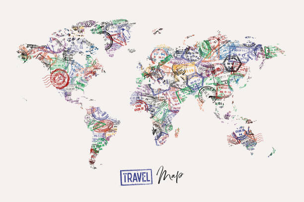 여권 스탬프 여행지도 포스터 - usa airport airplane cartography stock illustrations