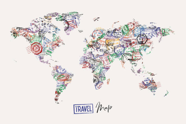 ilustrações, clipart, desenhos animados e ícones de cartaz do mapa de viagem do carimbo do passaporte - global business passport transportation italy