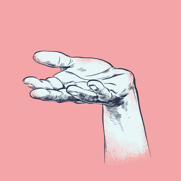 ilustraciones, imágenes clip art, dibujos animados e iconos de stock de la mano presenta algo grabado en madera - palma de la mano