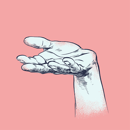 Engraved illustration of hand gesture, woodcut, screen printing. Isolated on neutral background. Hand drawn illustration. Retro style ink sketch. hand presents something