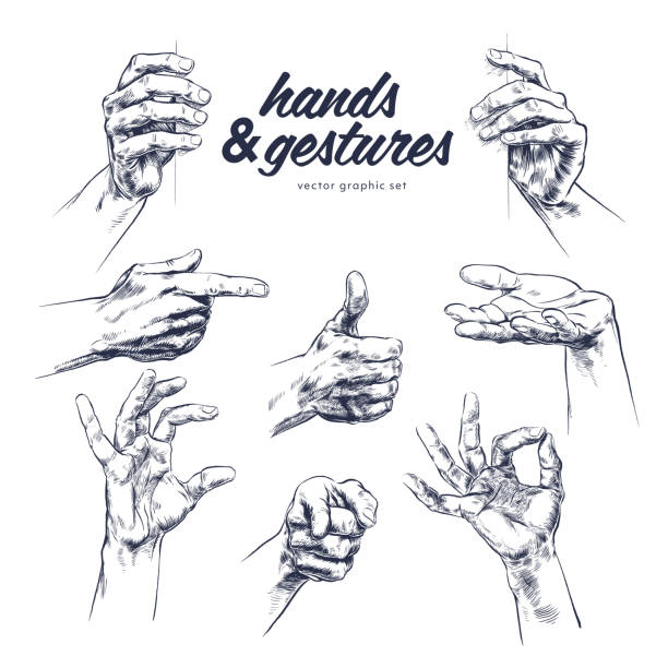 hands on white woodcut graphic set Engraved illustration of hand gesture, wood cut. Vintage style black and white clip art. Isolated on white background. Hand drawn vector illustration. Retro style ink sketch. Hands symbol set human limb stock illustrations