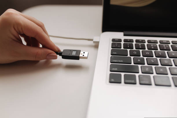 female hand put usb adapter to copy file by laptop - office tool flash imagens e fotografias de stock